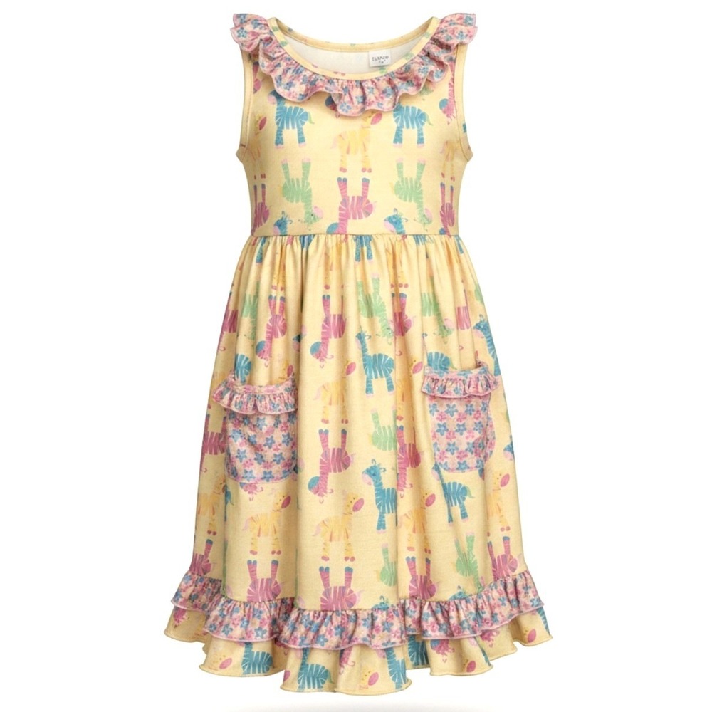 Pete + Lucy Girls Yellow Zebra Print Ruffle Pocket Dress Size 7/8 NWT